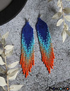 Blue Orange Beaded Earrings Shining Seed Bead Earrings Fringe | Etsy Blue Dangle Chandelier Earrings For Summer, Summer Beaded Fringe Chandelier Earrings, Handmade Orange Beaded Earrings For Summer, Summer Beaded Chandelier Earrings, Blue Beaded Dangle Earrings For Summer, Blue Dangle Beaded Earrings For Summer, Orange Beaded Fringe Jewelry, Orange Bohemian Beaded Earrings For Parties, Bohemian Orange Beaded Earrings For Party