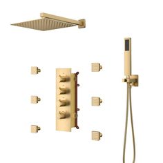 an image of a bathroom setting with shower head, hand shower and handheld showerhead