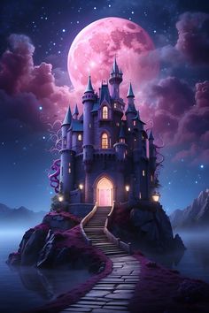 an image of a castle with stairs going up to the moon in the night sky