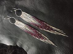 "Solid Sterling Silver Hoop Seed Bead Earrings with solid sterling silver chain fringe. Beautiful deep and rich maroons, silver & grey tones. Handmade Solid Sterling hoop & clasp. 6\" long" Silver Beaded Fringe Dangle Jewelry, Silver Jewelry With Beaded Fringe And Round Beads, Silver Jewelry With Fringe And Round Beads, Silver Jewelry With Beaded Fringe, Earrings With Chain, Beaded Earrings Diy, Chain Fringe, Native American Earrings, Fringe Fashion