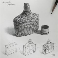 an ink drawing of a bottle and some other things to draw on the table top