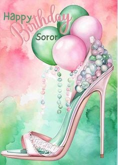 a birthday card with high heeled shoes and balloons