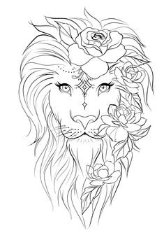 a black and white drawing of a lion with flowers on its head