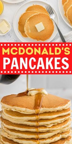 pancakes are stacked on top of each other with butter and syrup