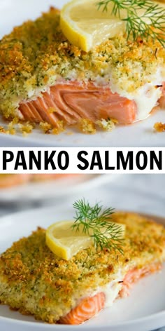 two plates with salmon and lemons on them, one is topped with parsley