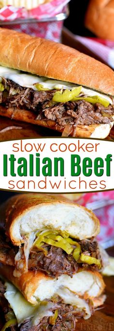 slow cooker italian beef sandwiches with peppers and cheese on the buns are ready to be eaten