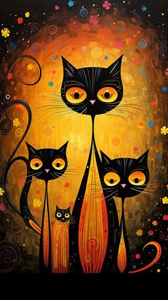 three black cats sitting on top of each other in front of an orange sky with flowers