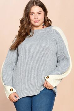 A soft pullover sweater featuring a round neckline and long raglan lantern sleeves, punctuated by white color blocks on the arm lines. Round neck, long sleeve Causal fit Material: Acrylic Care Instructions: Wash before wear. Cold gentle machine wash. Do not bleach. Drip dry/ Spin Dry Imported Hot Sweater, Off Shoulder Fashion, Cozy Pullover, Sweater Gift, Drip Dry, Color Block Sweater, Trendy Clothes For Women, Stylish Fashion