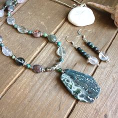 Green Necklace Set, Ocean Agate, Boho Turquoise, Stone Dangle Earrings, Titanium Earrings, Turquoise Boho, Gold Headband, Set Earrings, Women Necklace