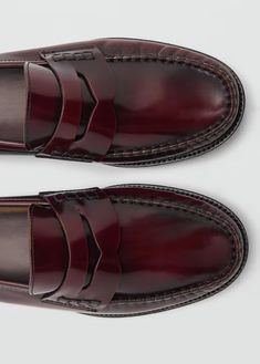 Leather loafers - Women | MANGO USA Business Burgundy Calf Leather Shoes, Classic Burgundy Calf Leather Shoes, Classic Burgundy Almond Toe Loafers, Classic Burgundy Loafers For Office, Classic Burgundy Loafers With Rubber Sole, Classic Burgundy Loafers For Formal Occasions, Burgundy Leather Loafers For Business, Burgundy Loafers With Rubber Sole And Round Toe, Burgundy Leather Loafers With Round Toe