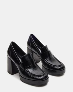 MUNDAY Black Leather Block Heel Platform Loafer | Women's Heels – Steve Madden Elegant Platform Loafers For Business, Chunky Platform Heels For Office In Spring, Office Platform Loafers With Block Heel, Chunky Platform High Heel For Office, Elegant High Heel Platform Loafers For Spring, Trendy Block Heel Platform Loafers For Office, Chic Platform Loafers With Block Heel, Chic Platform Loafers With Padded Heel, Chic Platform Loafers With Sculpted Heel For Office