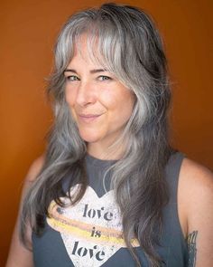 Salt And Pepper Shag Hairstyles, Shags For Straight Hair, Long Grey Shag Hairstyles, Shag Haircut Grey Hair, Shag Gray Hair, Face Framing Shag Haircut, Shag Haircut Older Women, Grey Shag Haircut, Long Shag Haircut With Bangs Older Women