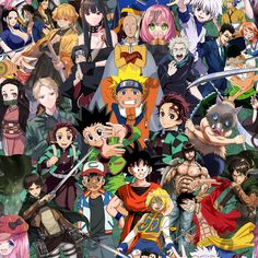 many anime characters are grouped together with one another and the other is surrounded by others