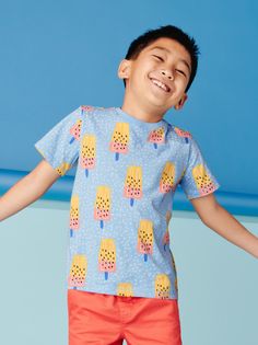 They'll feel super cool in our Tropical Popsicle tee that's basically summertime on a shirt. Crafted from 100% soft cotton jersey that holds its vibrant colors and style no matter how many washings. Above thigh length. Matching family styles are available in our Sibling Shop. Trendy Cotton T-shirt For Playwear, Playful Printed Short Sleeve T-shirt, Fun Multicolor T-shirt For Summer, Playful Cartoon Print T-shirt For Playwear, Multicolor Spring T-shirt For Playwear, Relaxed Fit Short Sleeve T-shirt For Playwear, Casual Crew Neck T-shirt For Playwear, Playful Cotton T-shirt For Spring, Cotton T-shirt With Cartoon Print For Playwear