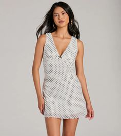 Show off the sweetest style on summer dates in this bow detail polka dot mini dress! Designed with an airy sheer mesh fabric with a knit lining for coverage, this mini-length dress is accented with an adorable polka dot pattern for the cutest vibe. It features a sleeveless V-neck and back design with a dainty eyelet trim, tank shoulder straps, a mini bow detail at the bust for a sweet touch, tie-back spaghetti straps, and a flirty flowy A-line silhouette. Pair with strappy mules.Fit & FeaturesPolka dot printed sheer mesh fabric with knit liningPlenty of stretchV-neck and back, tank shoulder strapsMini bow detail, eyelet trimTie-back strapsA-line fitRuns true to size Strappy Mules, Polka Dot Mini Dress, Black Tie Wedding Guests, Black Bridesmaids, Bachelorette Dress, Sequin Bridesmaid Dresses, Mesh Mini Dress, Mini Bow, Purple Bridesmaid Dresses