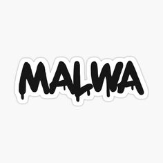 the word malwa written in black ink on a white background sticker with an image of