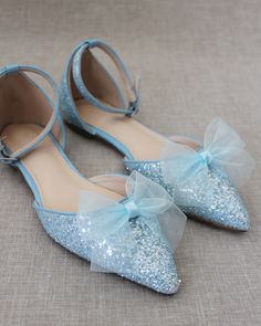 Light Blue Glitter Women Flats with Chiffon Bow Flats With Ankle Strap, Organza Bow, Blue Rock, Women's Slip Ons, Flower Girl Shoes, Bridal Flats, Holiday Shoes, Wedding Shoes Flats, Sparkly Heels