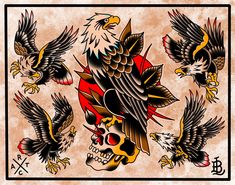 an eagle and skull tattoo design on a beige background with red, yellow and black ink