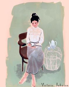 a painting of a woman sitting on a chair next to a birdcage with a teapot