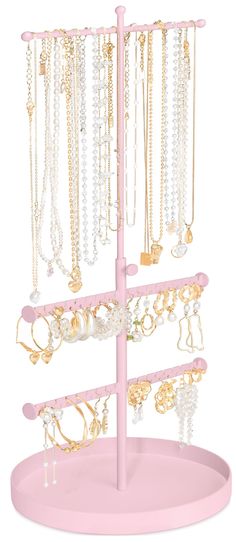 PRICES MAY VARY. 💎SIMPLE JEWELRY ORGANIZER: This Jewelry Holder Organizer make you find your jewelry at one glance. No more searching through jewelry box or messy drawers, all your bangles, necklaces and bracelets are being organized orderly in this simple jewelry holder. 💎ADJUSTABLE & ROTATABLE: With ADJUSTABLE height design this jewelry stand can meet your different length necklace needs. Rotate design enables you pick jewelry more easily than other jewelry organizer stands. 💎SUPER LARGE CA Pink Bedroom Accessories, Pink Living Room Decor, Jewelry Tree Stand, Bedroom Decor For Women, Display Tower, Jewellery Organiser, Jewelry Organizer Stand, Jewellery Stand, Amazon Jewelry