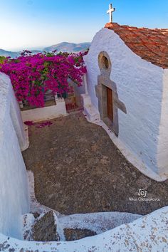 an old church with a cross on the roof and purple flowers in the foreground