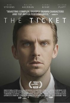 the ticket movie poster with man in suit and bow tie looking at camera on grey background