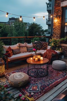 A beautifully designed small balcony decorated with string lights, colorful cushions, and intricate rugs, exuding cozy apartment style. Apartment Terrace Ideas Rooftops, Flat Roof Balcony Ideas, Patio Inspiration Apartment, Roofless Balcony Ideas, Apartment Patio Makeover, Terrace Ideas Apartment, Tiny Terrace Ideas, Uncovered Balcony Ideas, Small Balcony Aesthetic