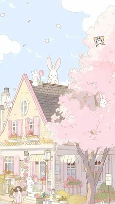 an image of a pink house with rabbits on the roof and people walking in front