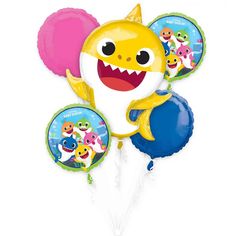 Set 5 Baby Shark Balloon Bouquet Shark Balloon Bouquet, Foil Balloon Bouquet, Shark Balloon, Ballon Party, Shark Birthday Party, Round Balloons, Balloon Weights, Diy Balloon Decorations, Balloon Shop