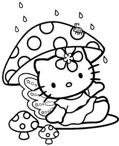 a cartoon hello kitty sitting on top of a mushroom with her foot in the rain