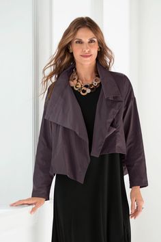 Cropped Asymmetrical Jacket by Planet (Nylon Jacket) | Artful Home Chic Asymmetrical Winter Blazer, Chic Asymmetrical Fall Blazer, Elegant Oversized Open Front Outerwear, Elegant Asymmetrical Outerwear For Evening, Chic Open Front Outerwear For Layering, Chic Open Front Layering Outerwear, Modern Long Sleeve Evening Outerwear, Chic Spring Outerwear With Asymmetrical Hem, Chic Outerwear With Asymmetrical Hem For Spring