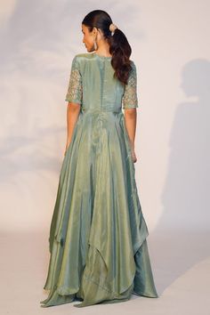 Sea green tissue padded uneven double-layered gown with sequins, beads and cutdana hand embroidered yoke. - Aza Fashions Layered Gown, Gown For Women, Green Sequins, Sea Green, Aza Fashion, Hand Embroidered, Beads, Green