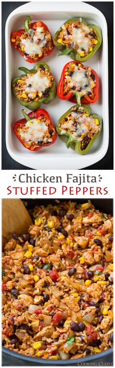 three different pictures of stuffed peppers with the title in the top left corner and an image of