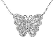 Bella Luce ® white diamond simulant 1.56ctw round and baguette, rhodium over sterling silver butterfly necklace with white diamond simulant rhodium over sterling silver magnetic clasp. Measures approximately 16.5"L x 0.75"W. White Baguette Diamond Jewelry Gift, White Baguette Diamond Jewelry For Gifts, Round Baguette Diamonds Jewelry For Gifts, Sterling Silver Baguette Diamonds Jewelry Gift, Sterling Silver Jewelry With Baguette Diamonds For Gifts, Fine White Gold Butterfly Jewelry, Formal White Gold Butterfly Necklace, Fine Jewelry Diamond Butterfly Necklace, Silver Diamond Necklace With Baguette Diamonds For Gift