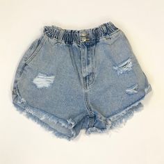 100% Cotton High Waisted Distressed Shorts Outseam: 11 inches/ Inseam: 3 inches Distressed Shorts, White Shorts, Pink White, Elastic Waist, Denim Shorts, Elastic, Light Blue, High Waisted