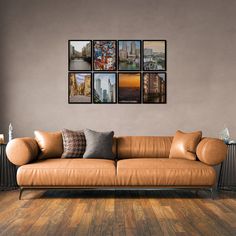 a living room filled with furniture and pictures on the wall