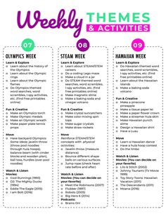 the weekly themes and activities for kids