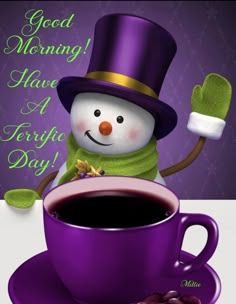 a snowman in a top hat and scarf holding a cup of coffee with beans