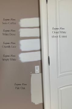 some white paint is on the wall next to a door with three different names painted on it