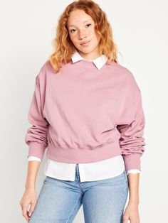 rib-knit crew neck drop-shoulder sleeves rib-knit cuffs rib-knit hem pullover style Teacher Capsule Wardrobe, Dropped Shoulder Sweatshirt, Soft Summer, Navy Sweaters, Crop Sweatshirt, Navy Pink, Navy Tops, Pullover Styling, Drop Shoulder