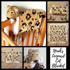 there is a crocheted leopard stuffed animal on the rocking chair with other pictures and instructions