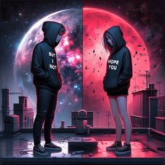 two people standing in front of a red and blue space with the moon behind them