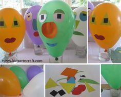 balloons with faces and shapes on them are shown in different stages of being decorated by kids