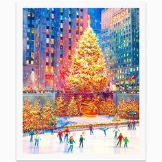 a painting of people skating in front of a large christmas tree with lights on it