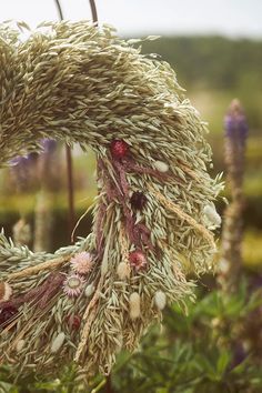 a wreath with dried flowers hanging from it's sides in a field near other plants