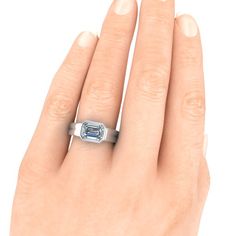 East West Bezel Set Emerald Cut Ring #GTJ3889-emerald-fo-w | Gerry The Jeweler Radiant Cut Moissanite Ring, Radiant Cut Rings, Emerald Cut Ring, Charles And Colvard Moissanite, Cute Engagement Rings, Bezel Necklace, Emerald Cut Moissanite, Ring Shank, Emerald Cut Rings