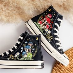 Converse Mushroom, Embroidered Mushrooms, Embroidered Frog, Cute Converse Shoes, Converse Design, Frog Mushroom, Cute Converse, Embroidered Converse, High Top Chucks