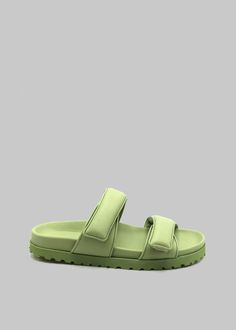 Gia x Pernille Double Strap Sandal - Acid Green Shoes Gia Borghini Casual Green Slides With Removable Insole, Green Leather Sport Sandals For Summer, Green Slip-on Sandals With Rubber Sole, Green Rubber Sole Slides For Spring, Green Slides With Rubber Sole For Spring, Green Cushioned Slip-on Slides, Green Slides With Textured Footbed, Green Casual Sport Sandals With Adjustable Strap, Casual Green Sport Sandals With Adjustable Strap