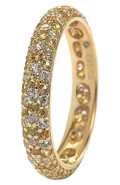 Pave CZ adds a vintage sparkle to this eternity band ring set in gold-tone plated sterling silver. 4mm band width Sterling silver, cubic zirconia Levian Rings, Levian Jewelry, Eternity Band Ring, Eternity Band, Eternity Bands, Free Jewelry, Band Ring, Ring Set, Ring Sets