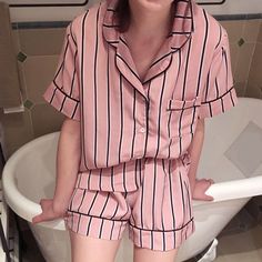 Shirt+Shorts Striped Pajama Sets PU27 – iawear Korean Pajamas, Pajamas For Teens, Outfit Ideas Korean, Short Pajamas, Pajama Suit, Pajamas Comfy, Plus Size Cardigans